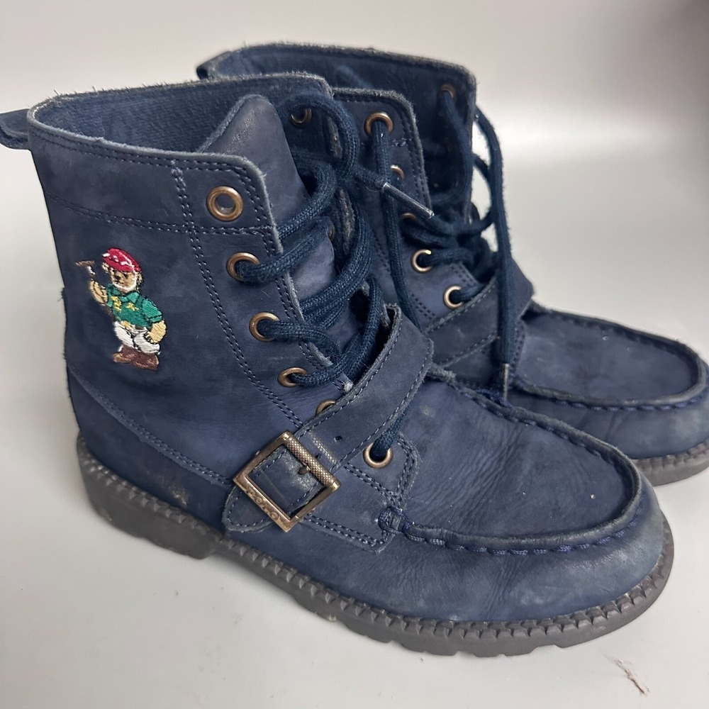 Polo Ralph Lauren Ranger Hi‎ II Navy Blue Leather Polo Bear Boots Boys Size 2